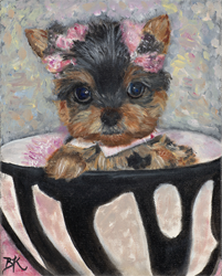 Pet portrait of black, brown little teacup puppy dog, original oil painting by Barb Keilson