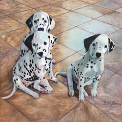 Pet portrait of black, white dalmatian puppy dogs, original oil painting by Barb Keilson