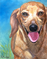 Pet portrait of brown furry puppy dog, original oil painting by Barb Keilson