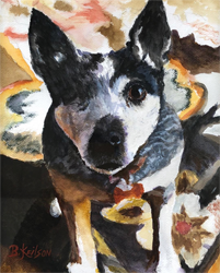 Pet portrait of black, white pointed ear puppy dog, original oil painting by Barb Keilson