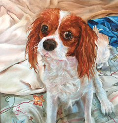 Pet portrait of white and brown dog, original oil painting by Barb Keilson