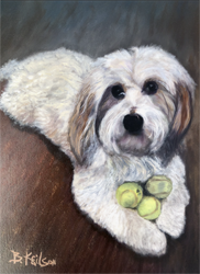 Pet portrait of white furry dog, original oil painting by Barb Keilson