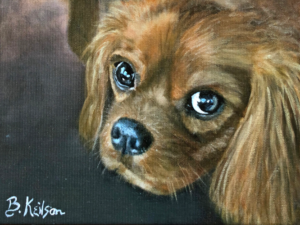 Pet portrait of brown furry puppy dog, original oil painting by Barb Keilson